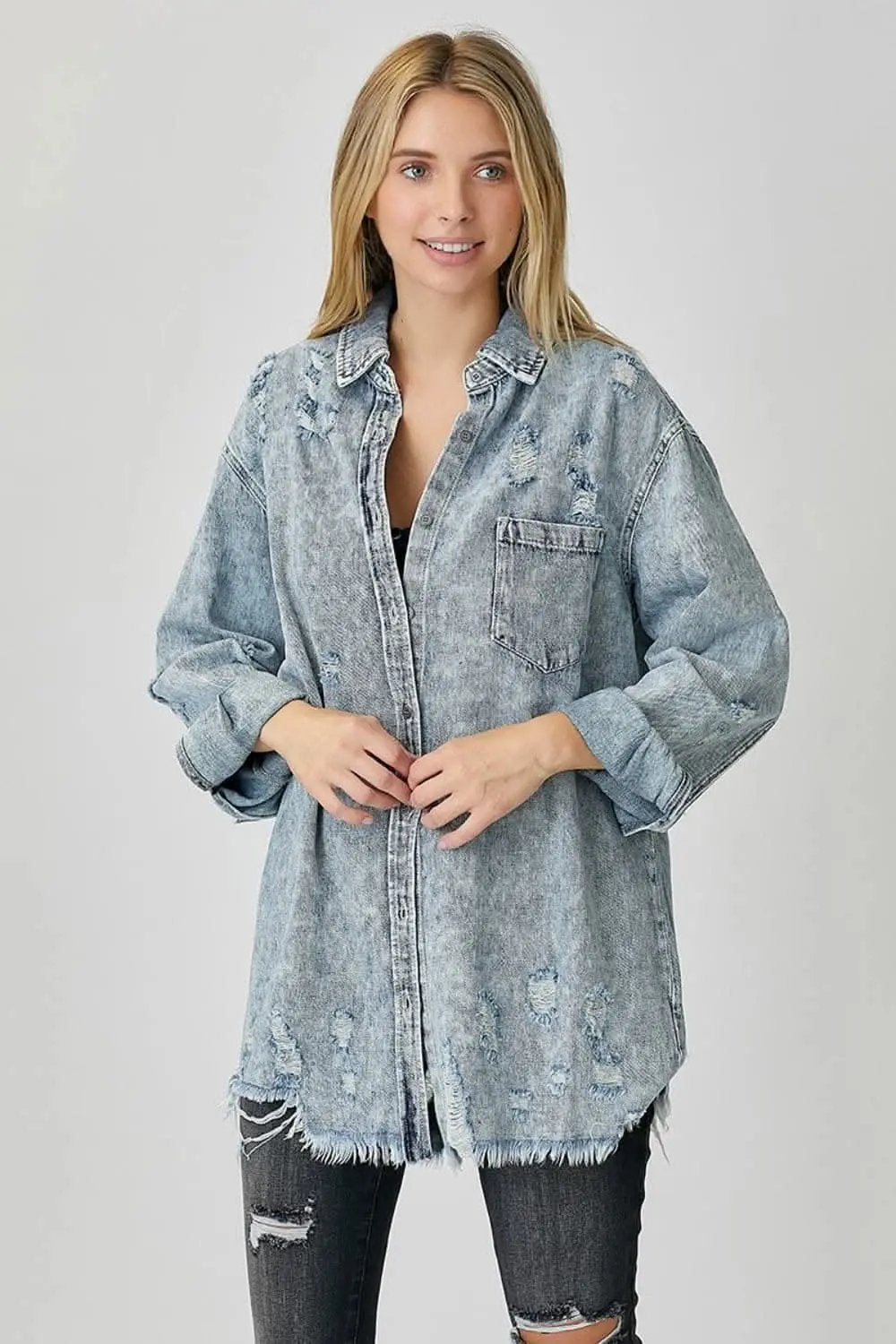 Risen distressed raw hem shirt - Love Salve 
