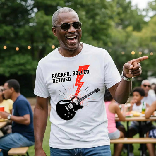 Adorb.co Rocked Rolled Retired T-Shirt in black. A funny retirement gift shirt for men and women with humorous text.