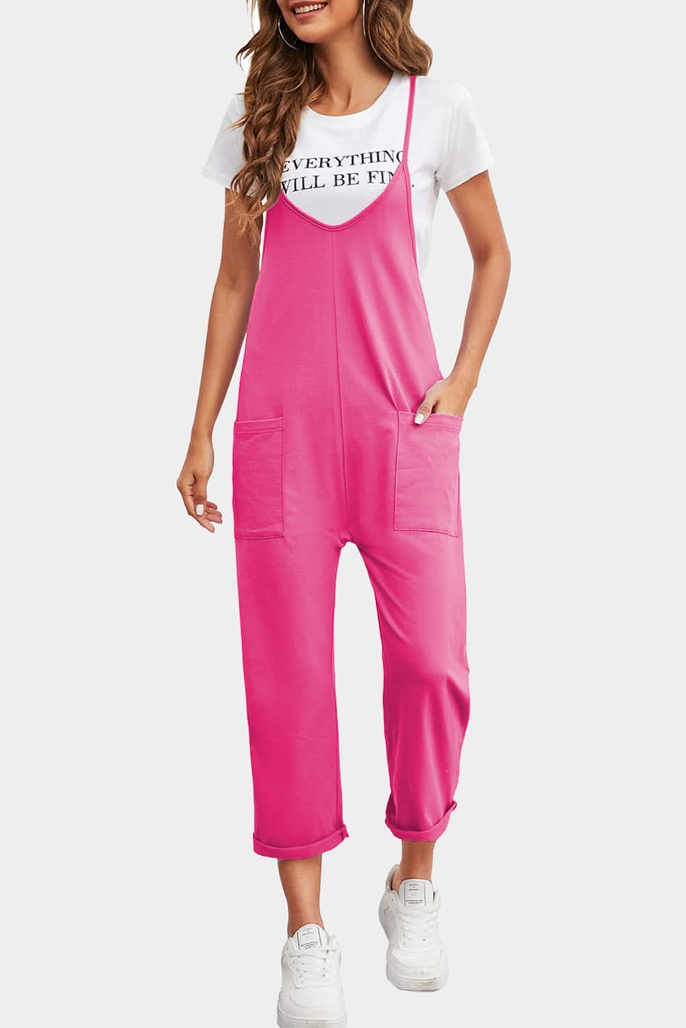 Rose Red Black Pocketed Adjustable Spaghetti Strap Straight Leg Jumpsuit - Love Salve 