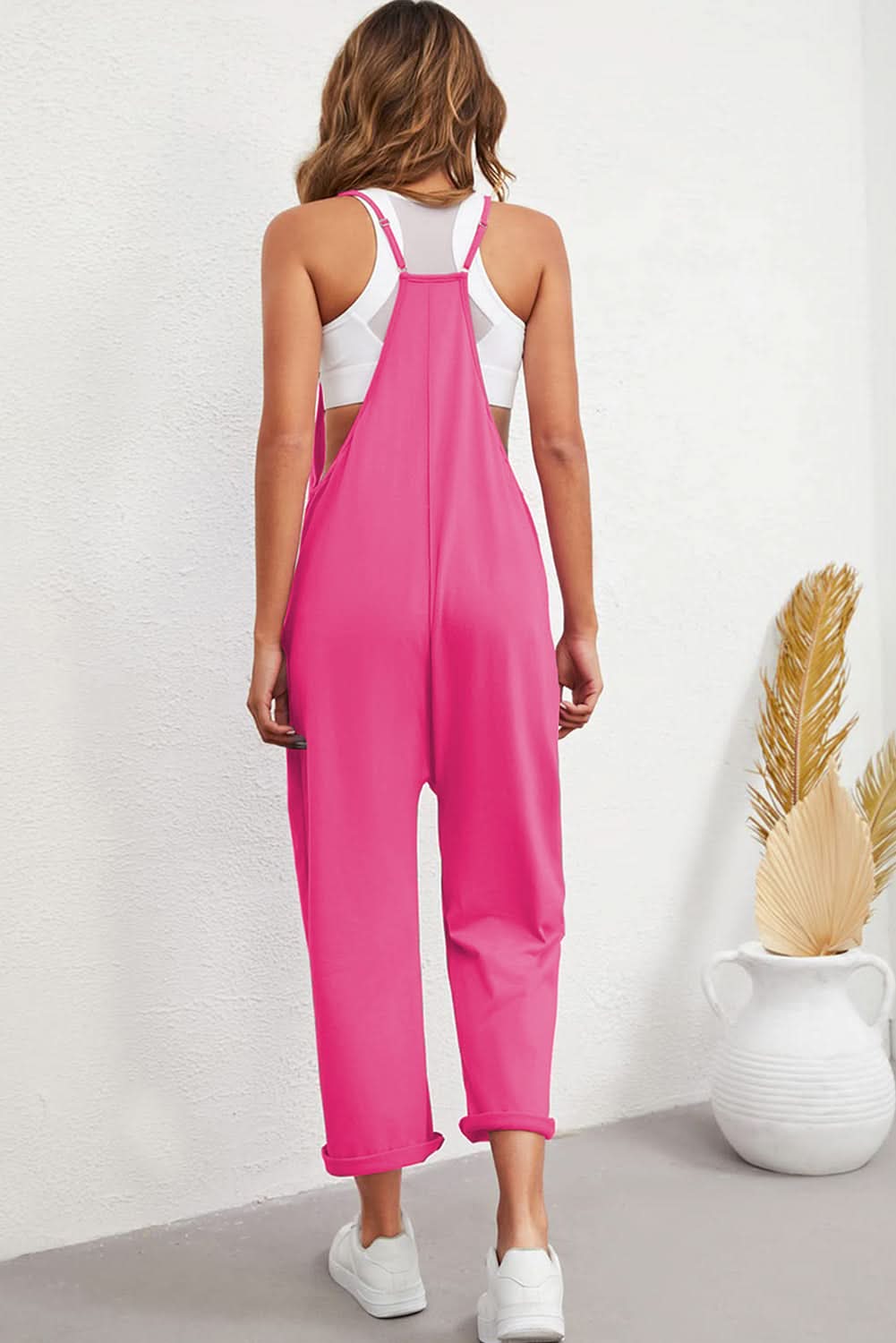 Rose Red Black Pocketed Adjustable Spaghetti Strap Straight Leg Jumpsuit - Love Salve 
