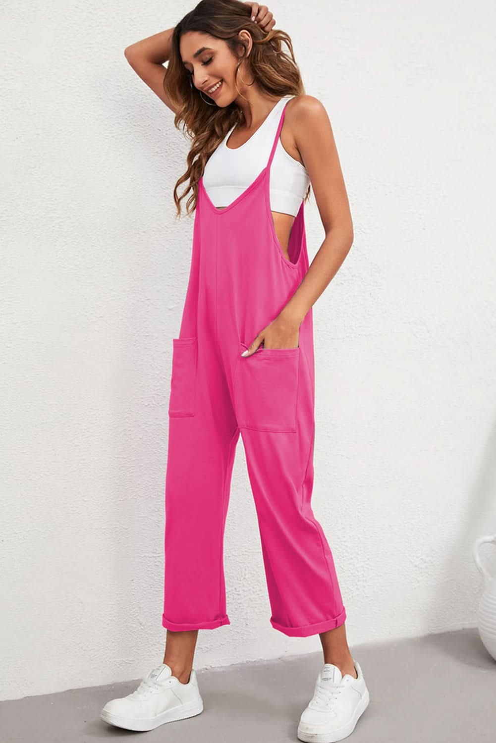 Rose Red Black Pocketed Adjustable Spaghetti Strap Straight Leg Jumpsuit - Love Salve 