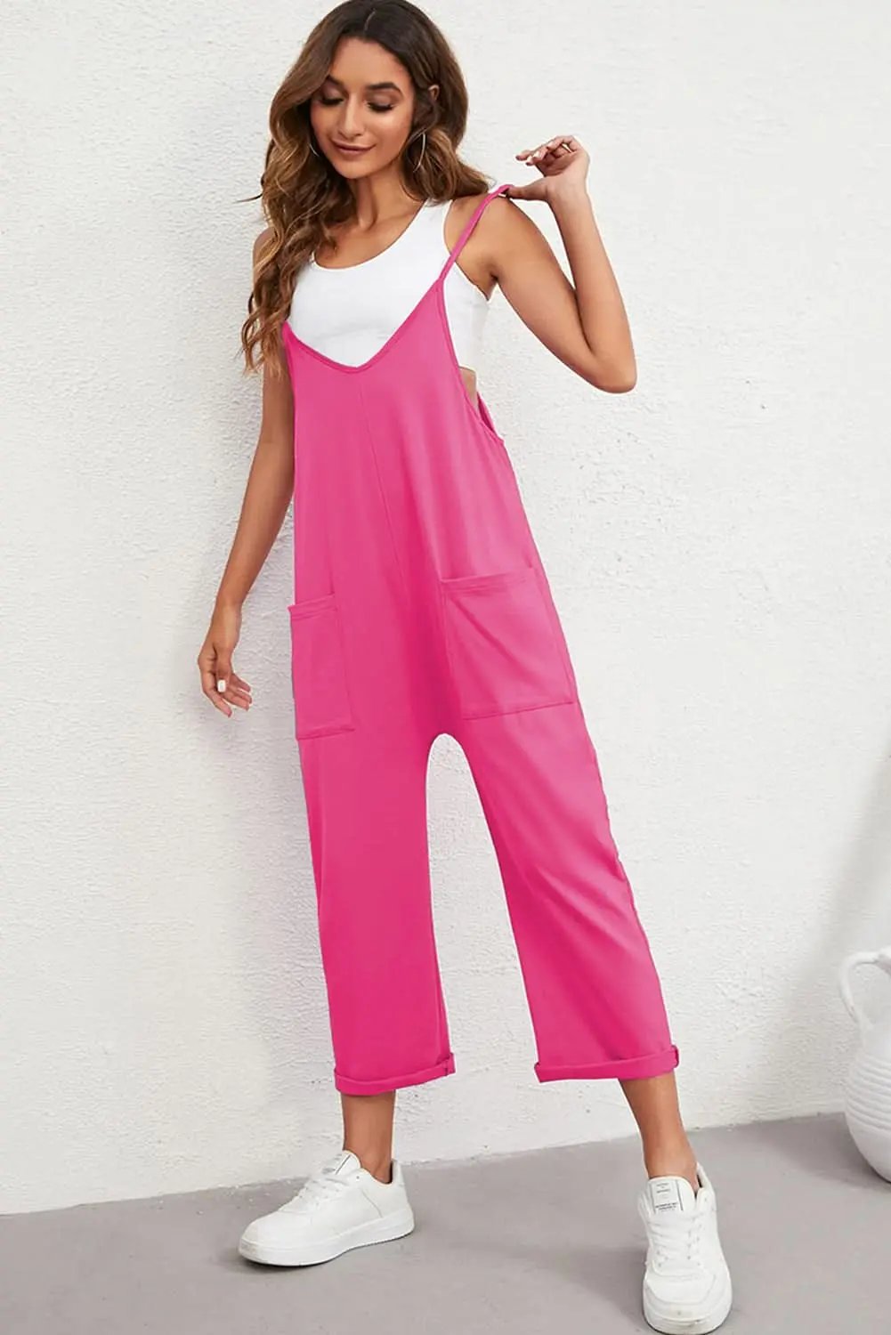 Rose Red Black Pocketed Adjustable Spaghetti Strap Straight Leg Jumpsuit - Love Salve 