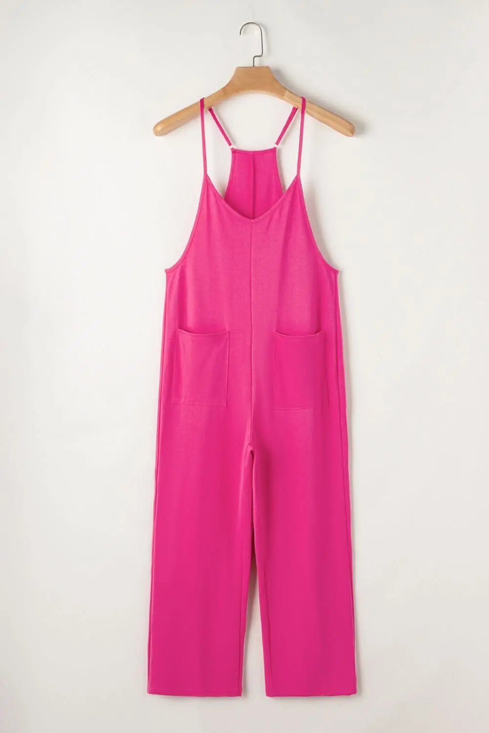 Rose Red Black Pocketed Adjustable Spaghetti Strap Straight Leg Jumpsuit - Love Salve 