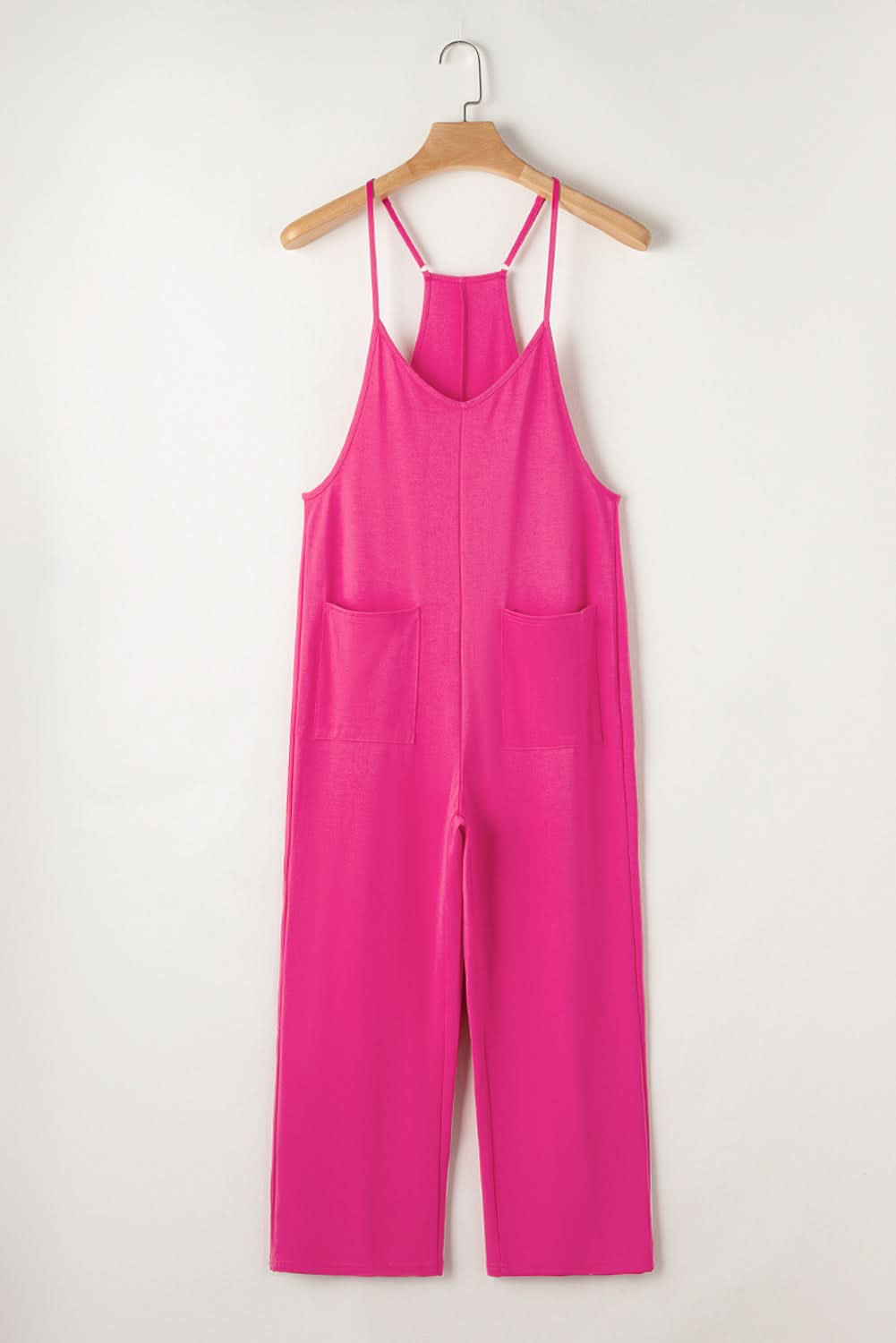 Rose Red Black Pocketed Adjustable Spaghetti Strap Straight Leg Jumpsuit - Love Salve 