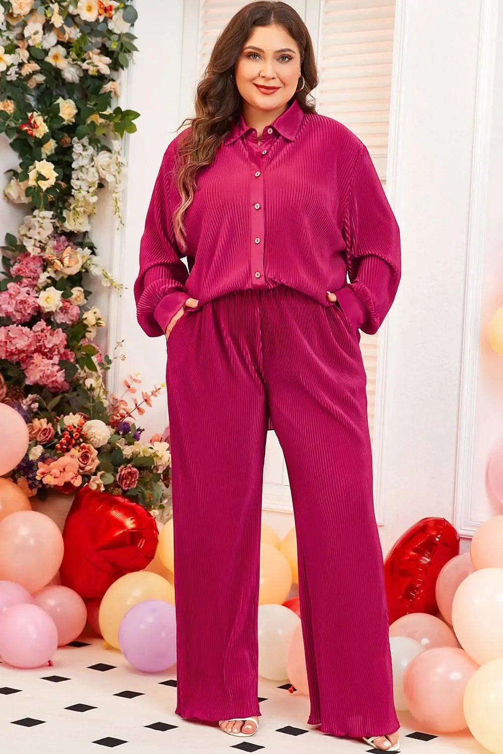 Rose Red Plus Size Ribbed Long Sleeve Shirt and Pants Pajama Set - Love Salve 
