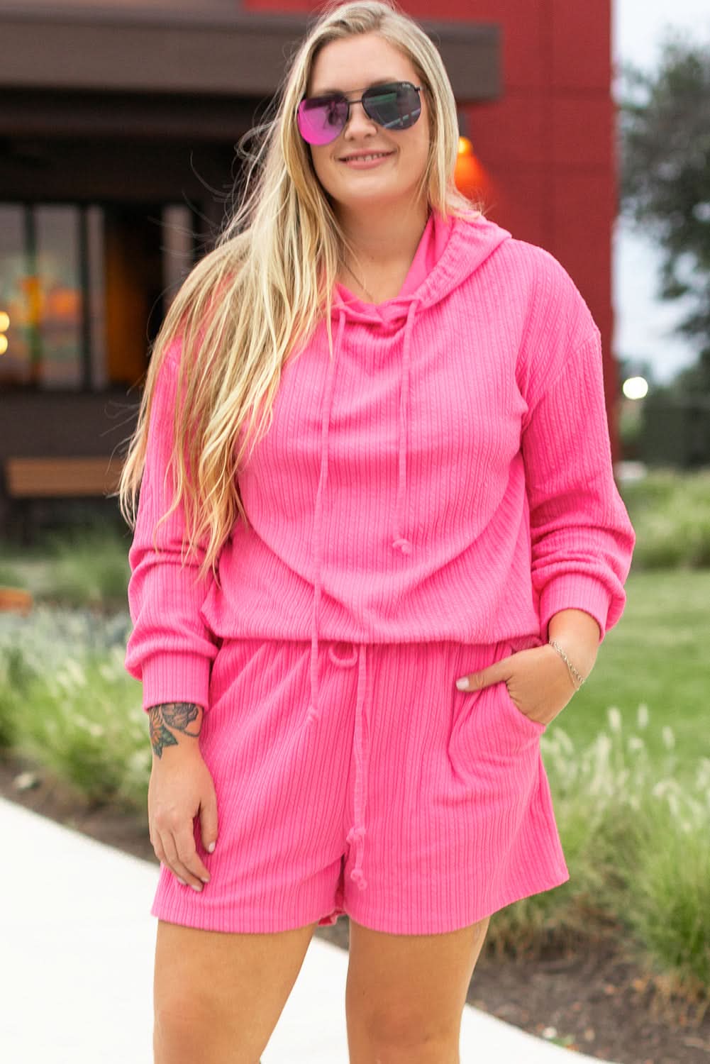 Rose Red Textured Hoodie and Shorts Plus Size Two Piece Set 