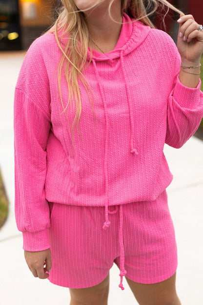 Rose Red Textured Hoodie and Shorts Plus Size Two Piece Set 