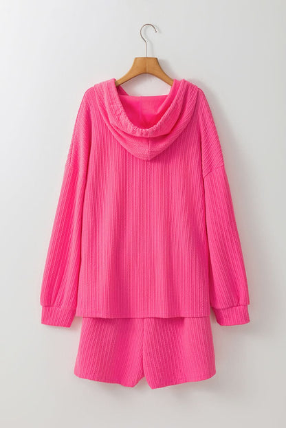 Rose Red Textured Hoodie and Shorts Plus Size Two Piece Set 