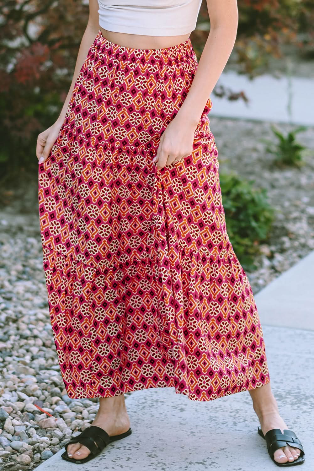 Rose Vintage Boho Floral Print Tiered Maxi Skirt 