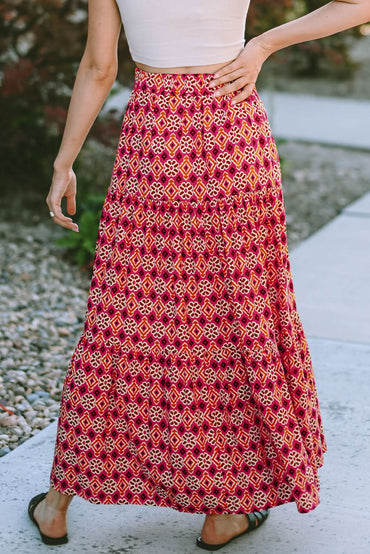 Rose Vintage Boho Floral Print Tiered Maxi Skirt 