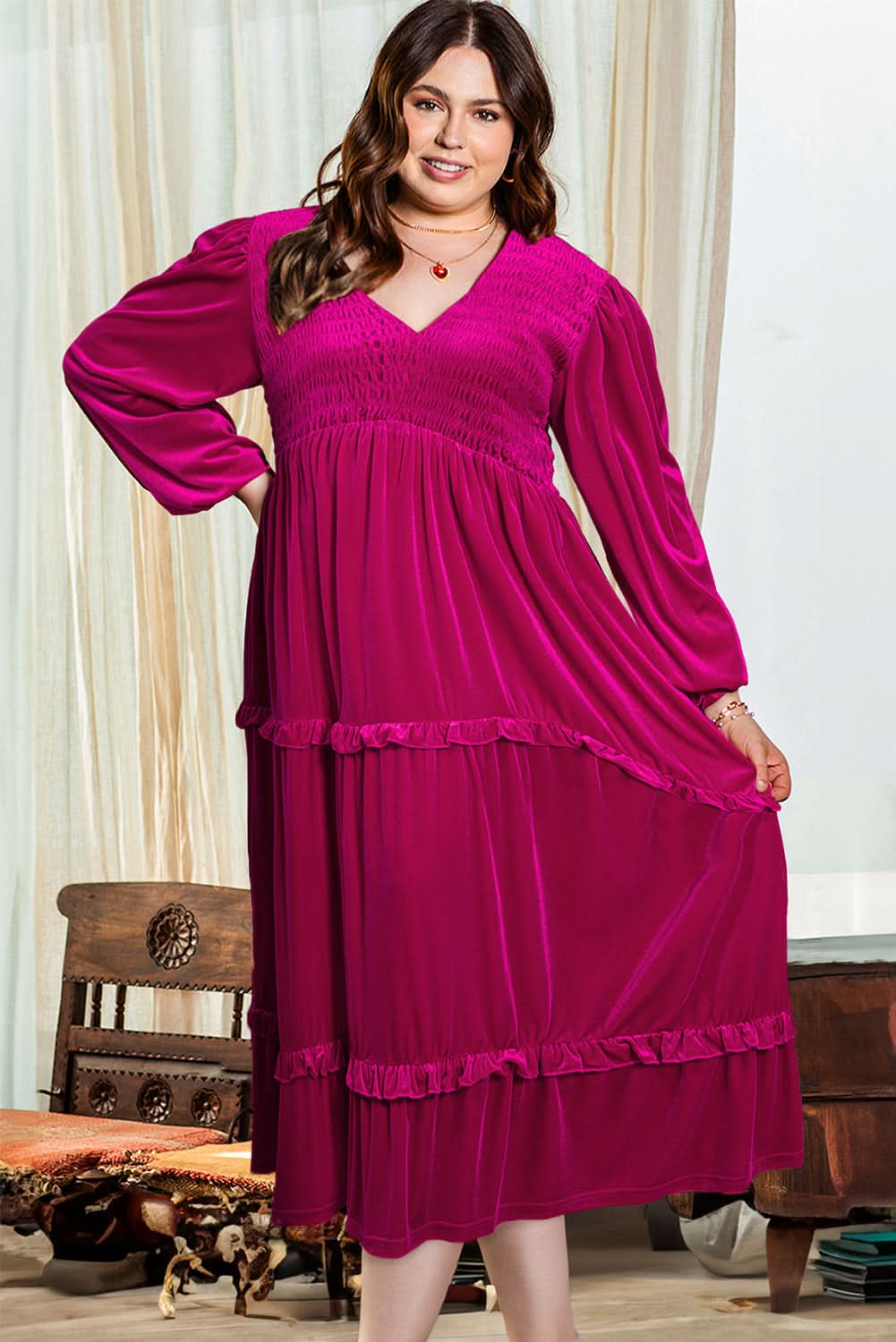 Rose red velvet plus size dress - Love Salve 