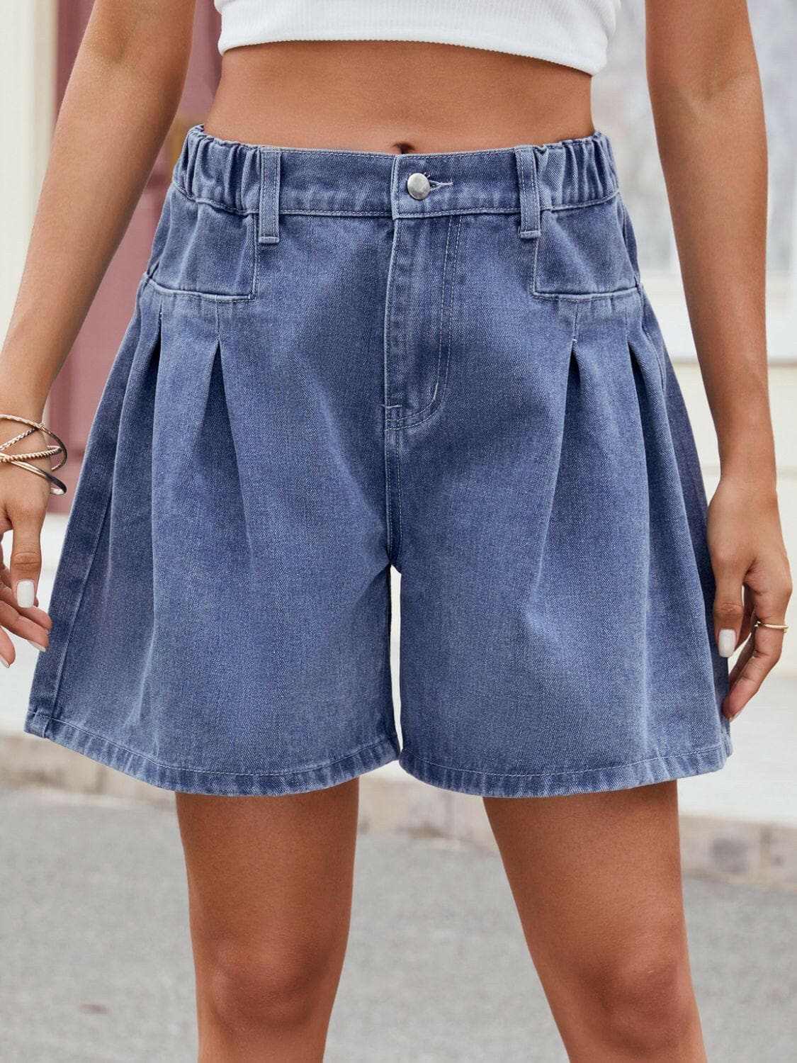 Ruched denim shorts with elastic waist - Love Salve 