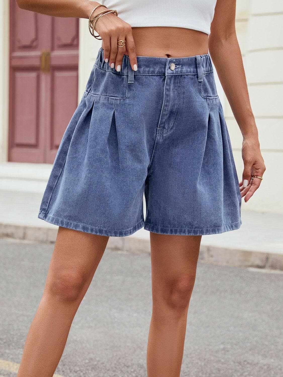 Ruched denim shorts with elastic waist - Love Salve 