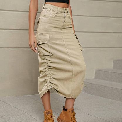 Ruched denim skirt with slit detail 