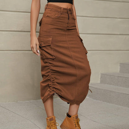 Ruched denim skirt with slit detail 
