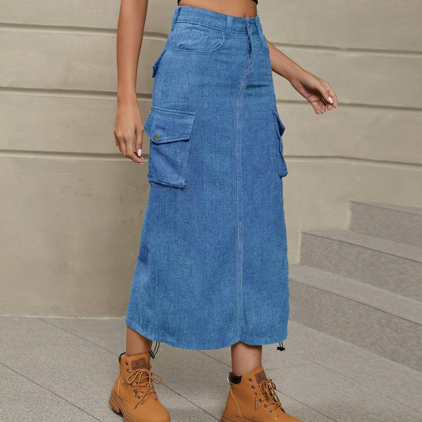 Ruched denim skirt with slit detail 