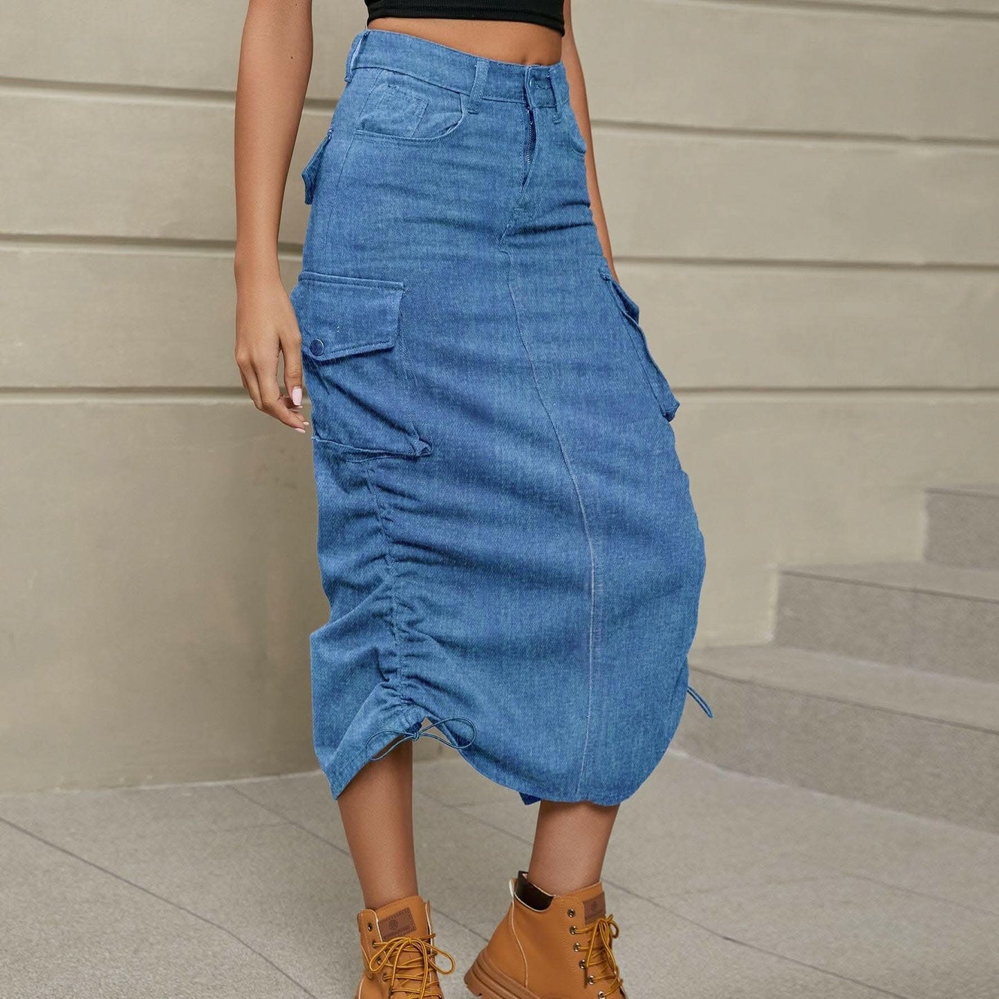 Ruched denim skirt with slit detail 