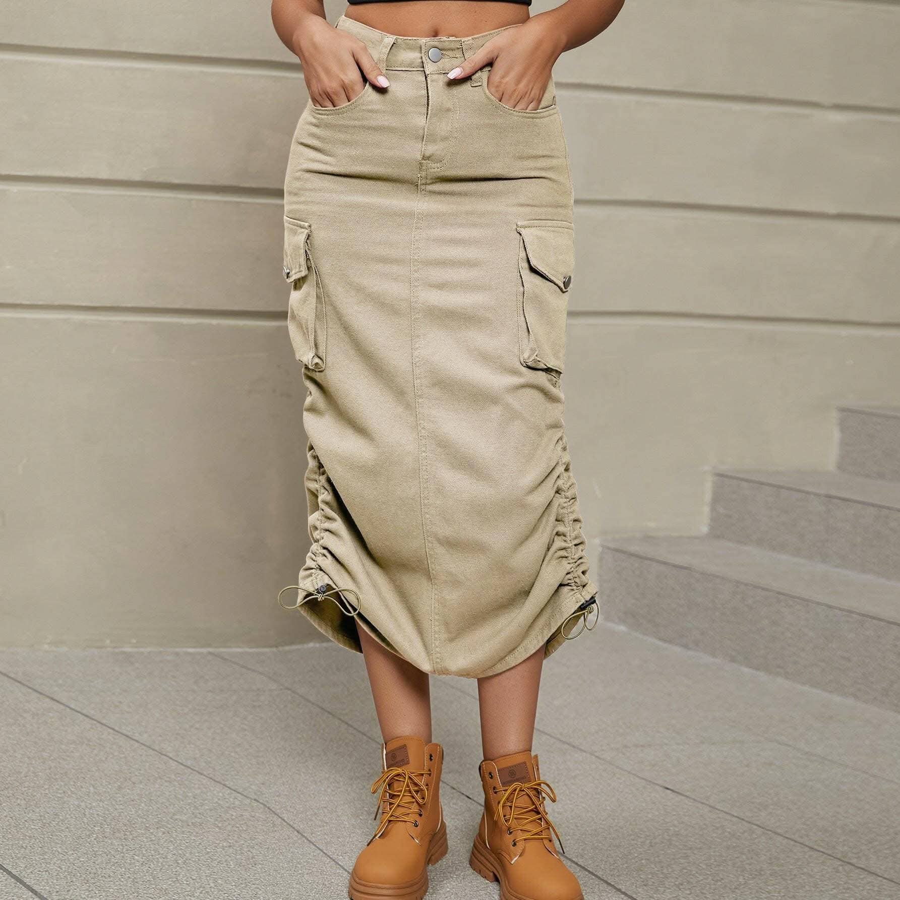Ruched denim skirt with slit detail 