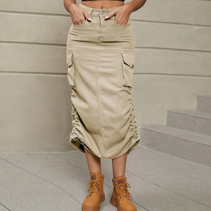 Ruched denim skirt with slit detail 