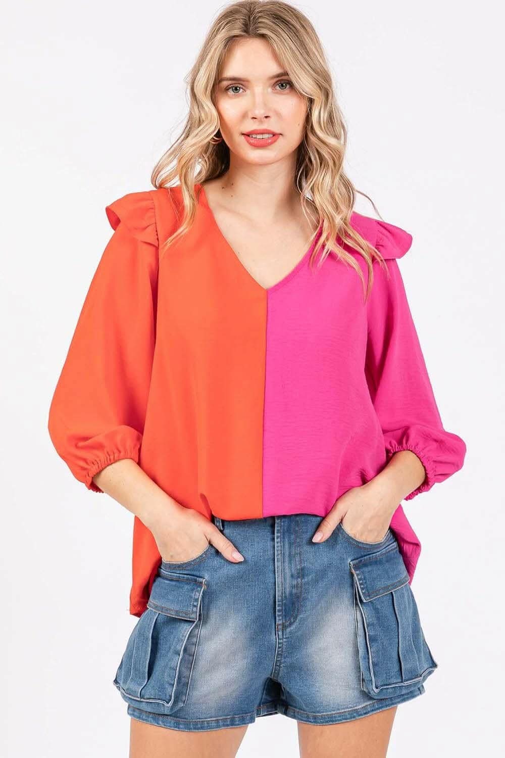 Ruffle Elegance Contrast Blouse 