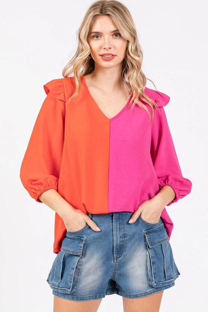 Ruffle Elegance Contrast Blouse 