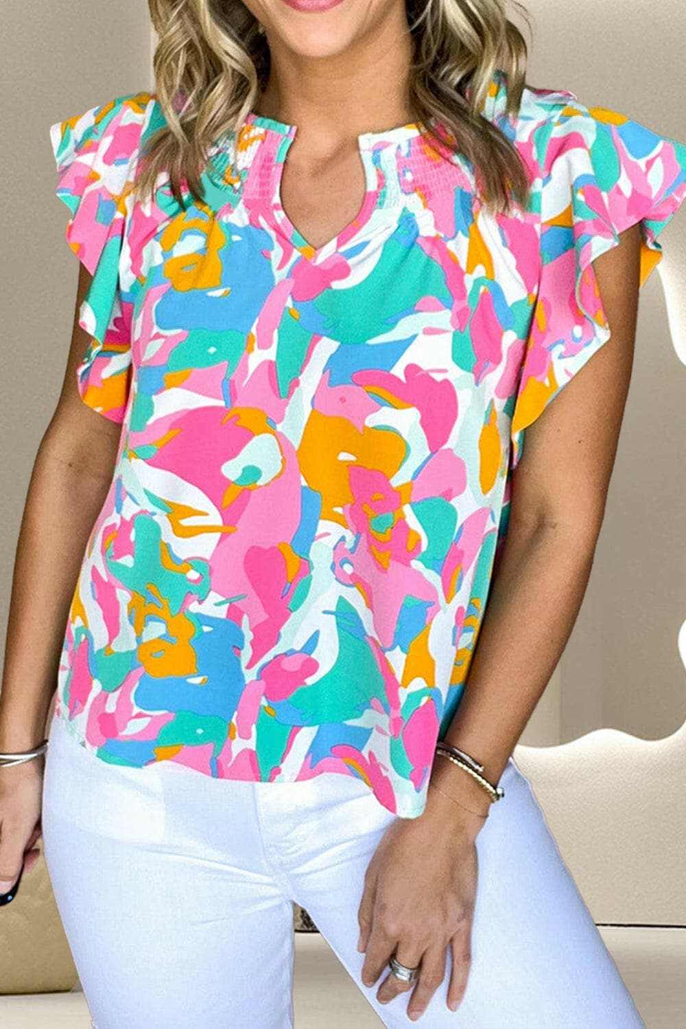 Ruffled cap sleeve blouse - elegant print - Love Salve 