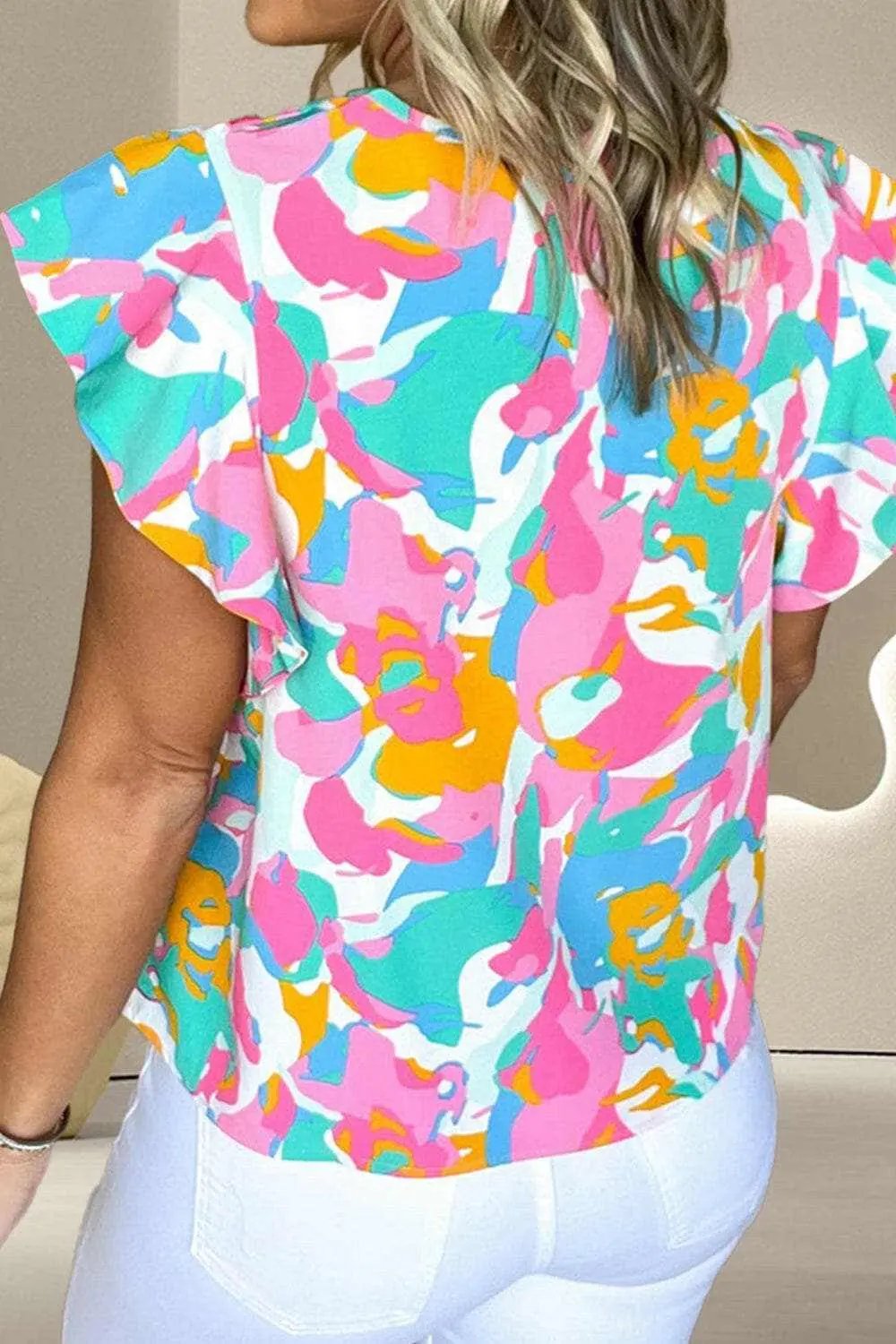 Ruffled cap sleeve blouse - elegant print - Love Salve 