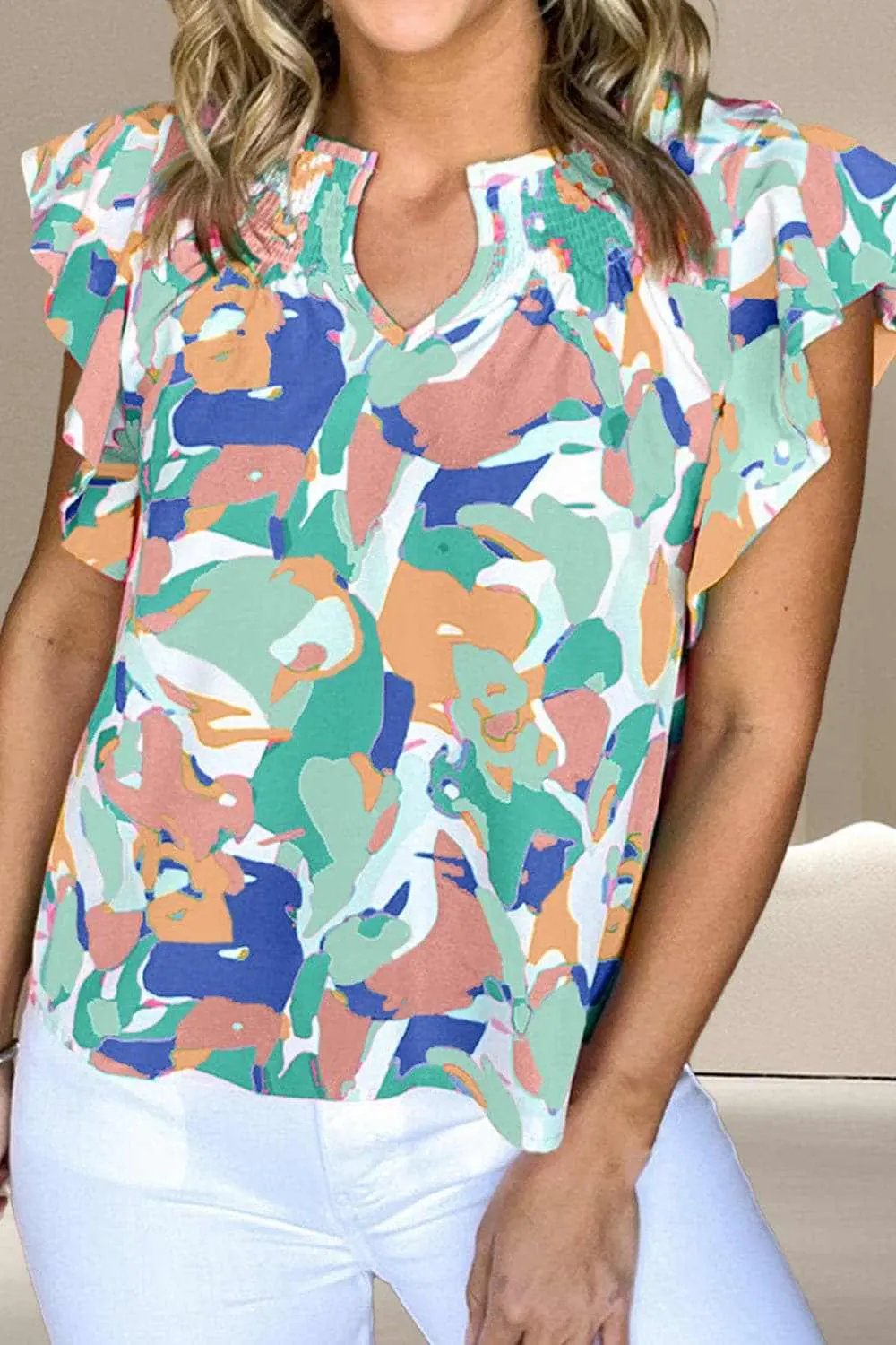 Ruffled cap sleeve blouse - elegant print - Love Salve 