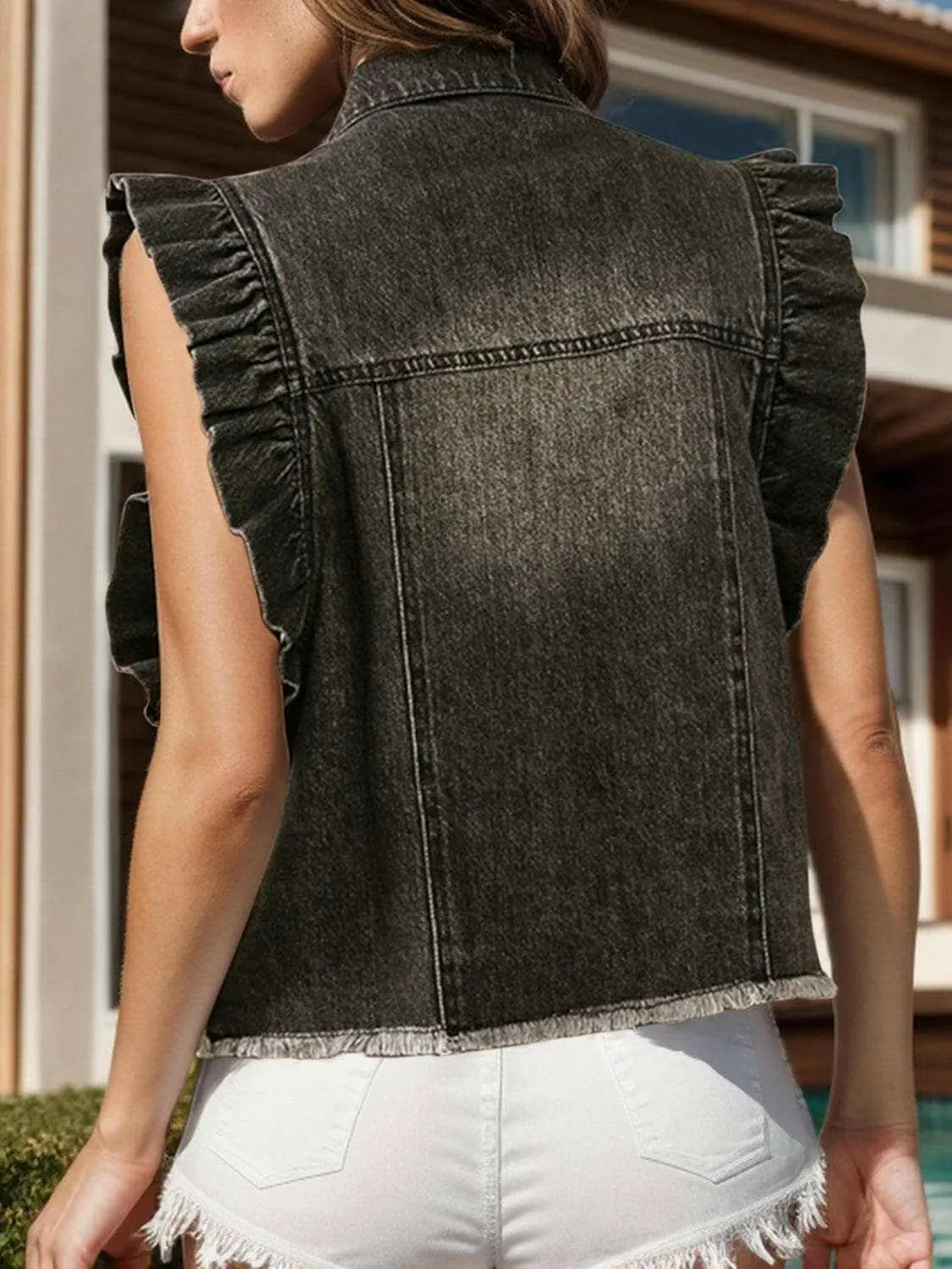 Ruffled denim jacket with raw hem - Love Salve 