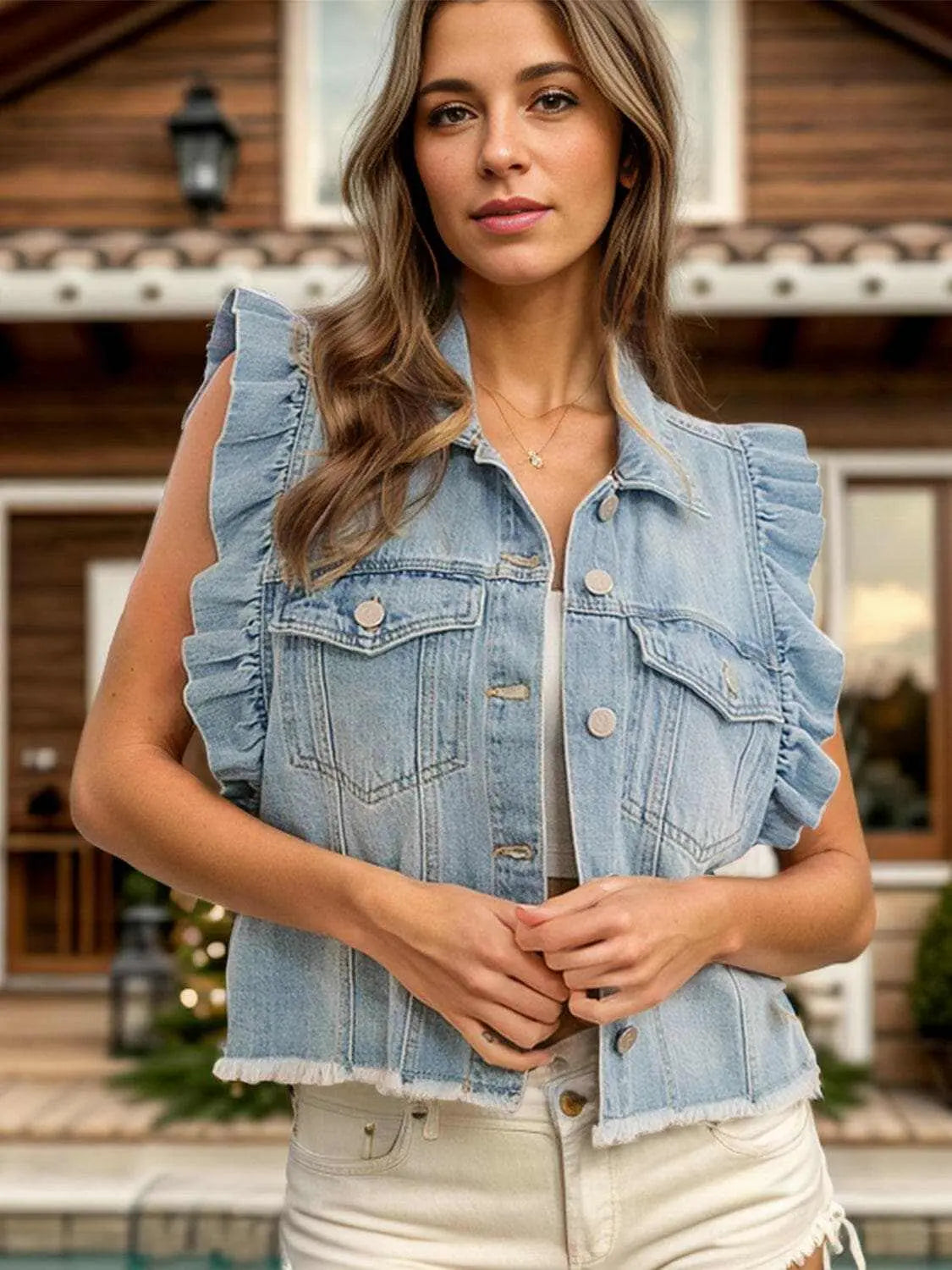 Ruffled denim jacket with raw hem - Love Salve 