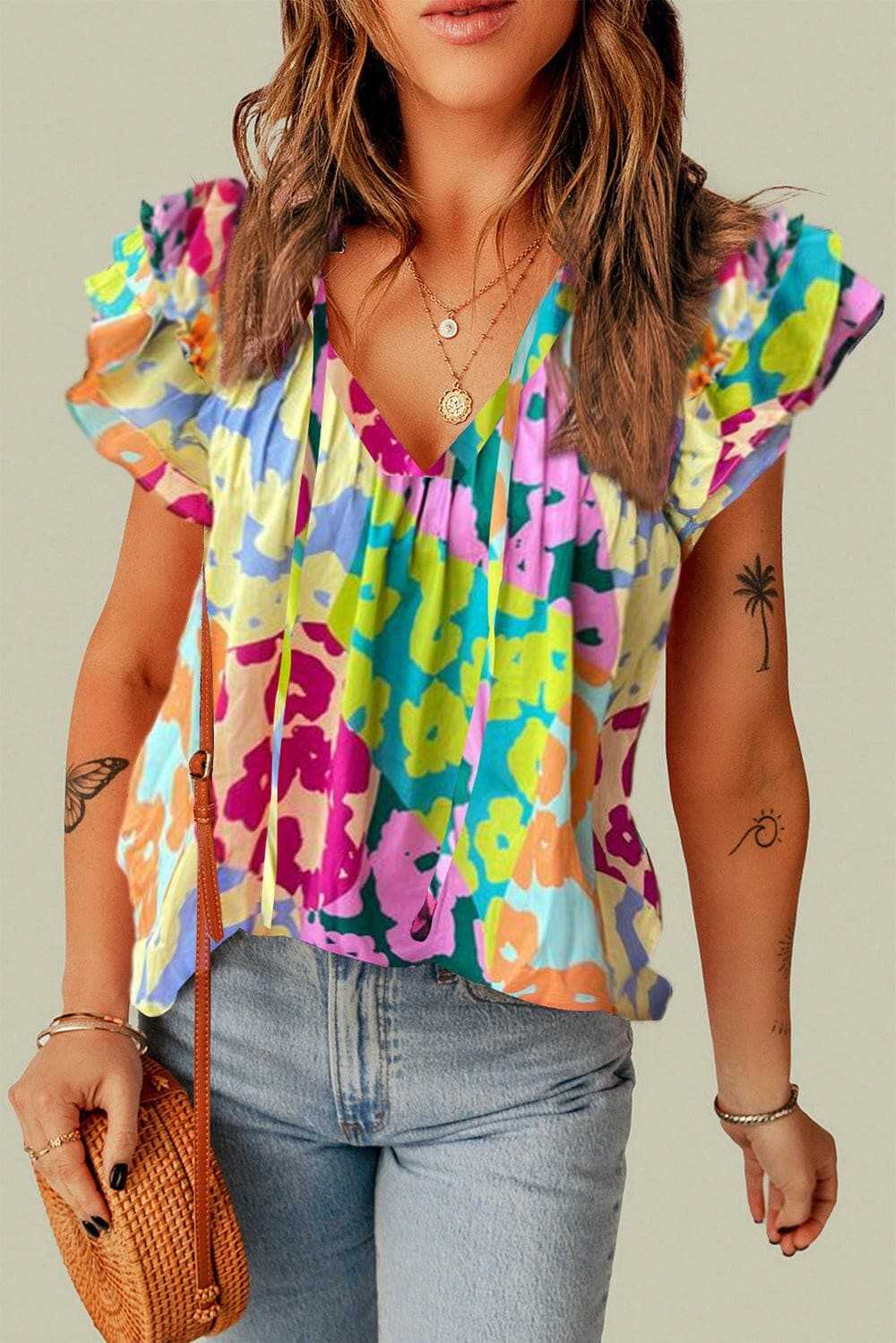 Ruffled sheer tie neck blouse - Love Salve 
