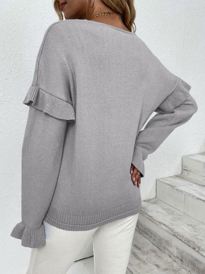 Ruffled v-neck sweater - dropped shoulders 