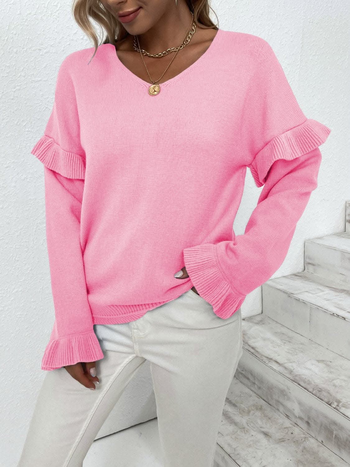 Ruffled v-neck sweater - dropped shoulders 