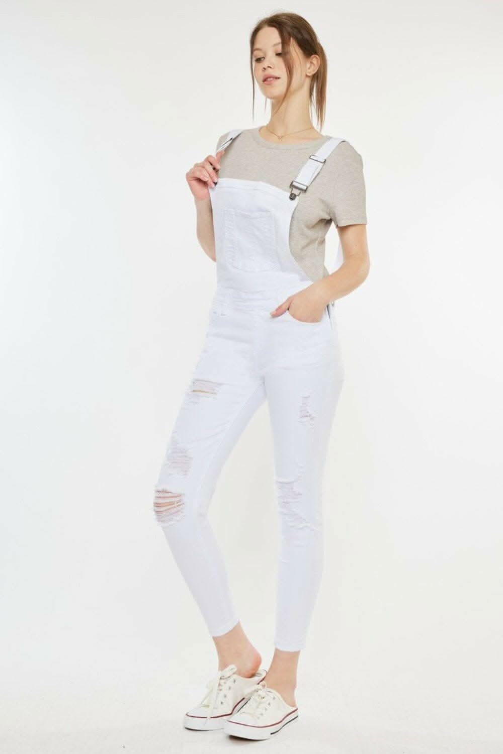 Rugged Chic Distressed Skinny Denim Overalls 