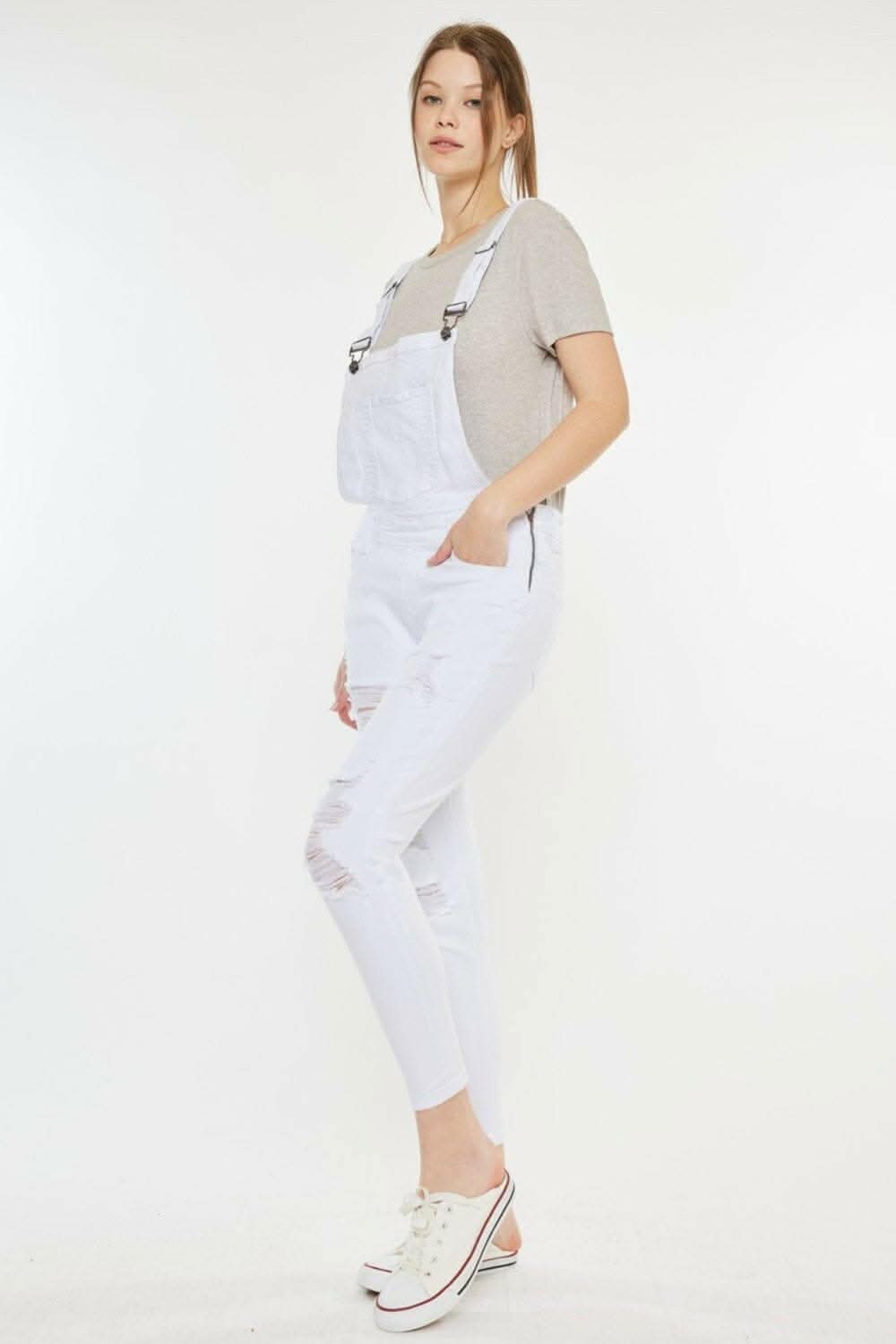 Rugged Chic Distressed Skinny Denim Overalls 