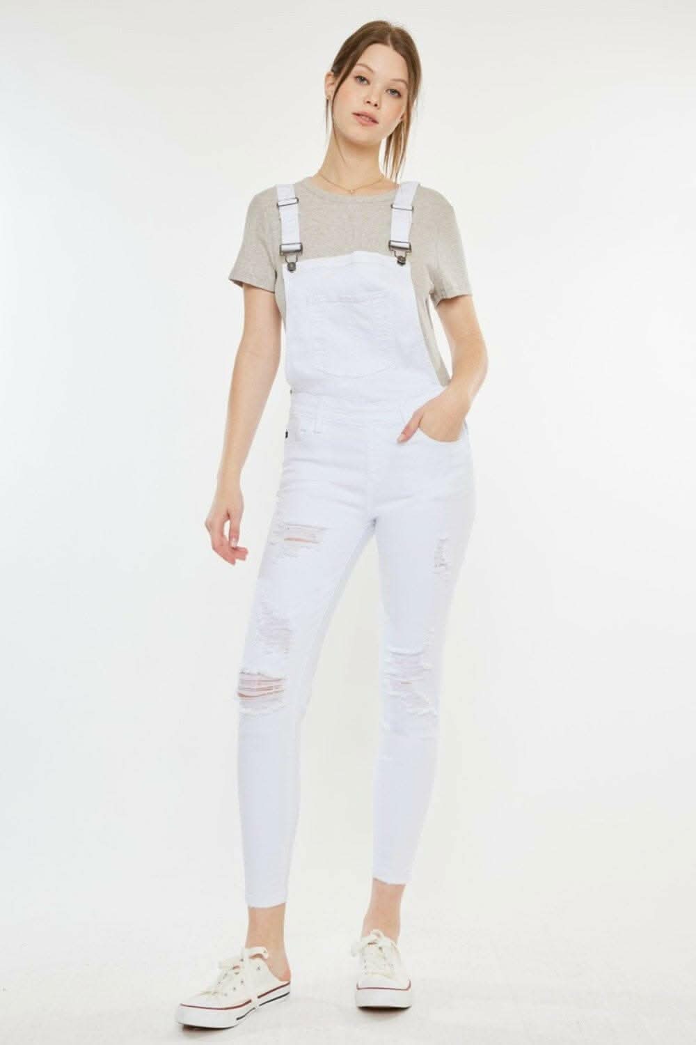Rugged Chic Distressed Skinny Denim Overalls 