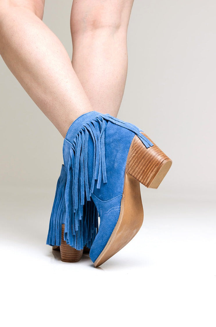 Amos Fringe Ankle Bootie Blue Suede Western Style Heel Naughty Monkey