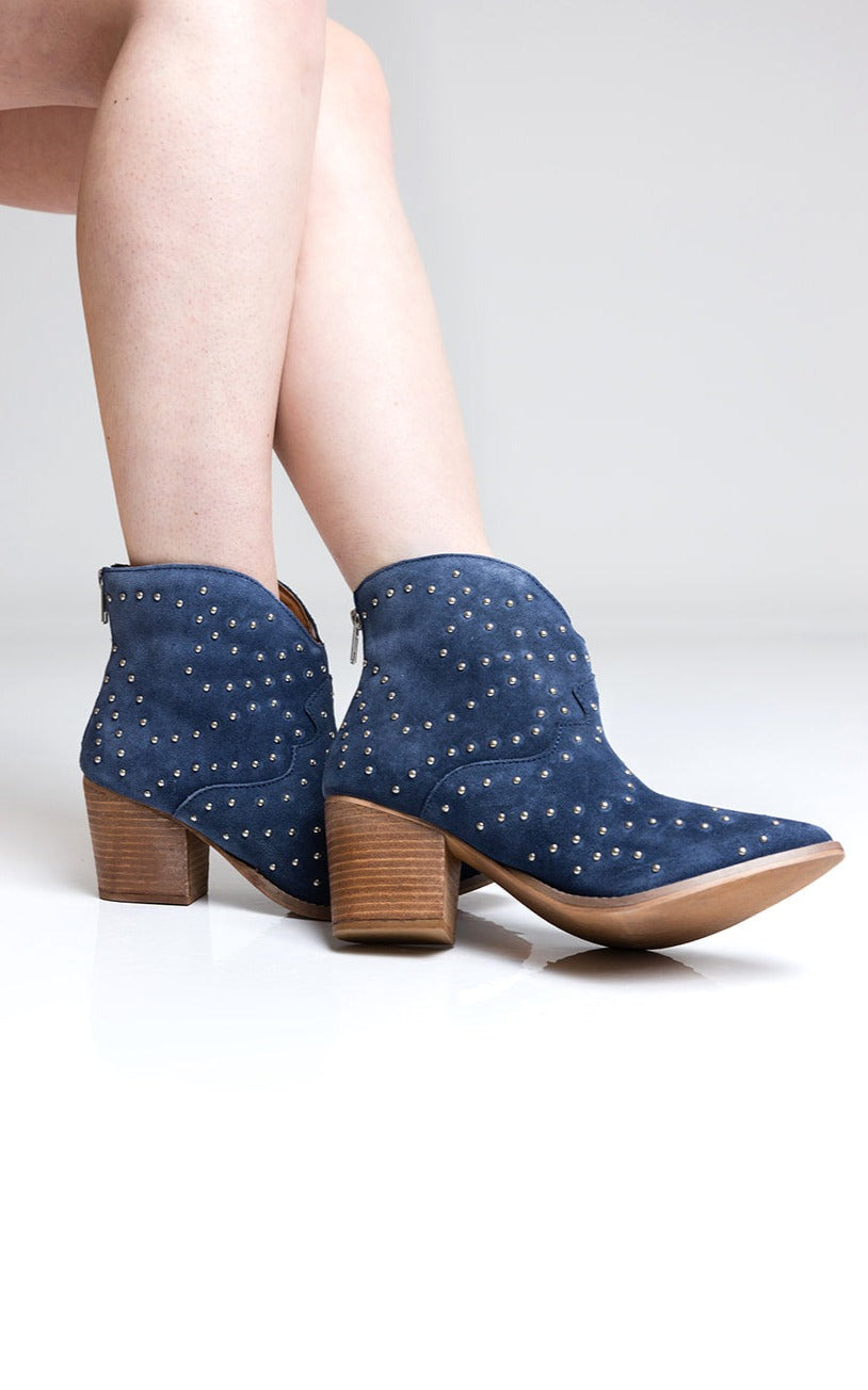 Twilight Studded Heeled Ankle Boot Denim Suede Upper Naughty Monkey