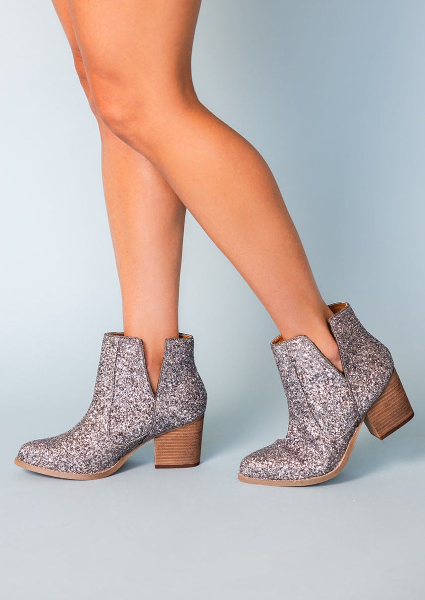 Fiera Glitter Booties Pewter Sparkle Ankle Boots With 3 Inch Naughty Monkey