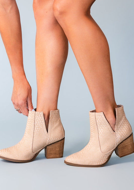 Tarim Bootie In Blush Faux Snakelike Upper Heeled Boot Naughty Monkey