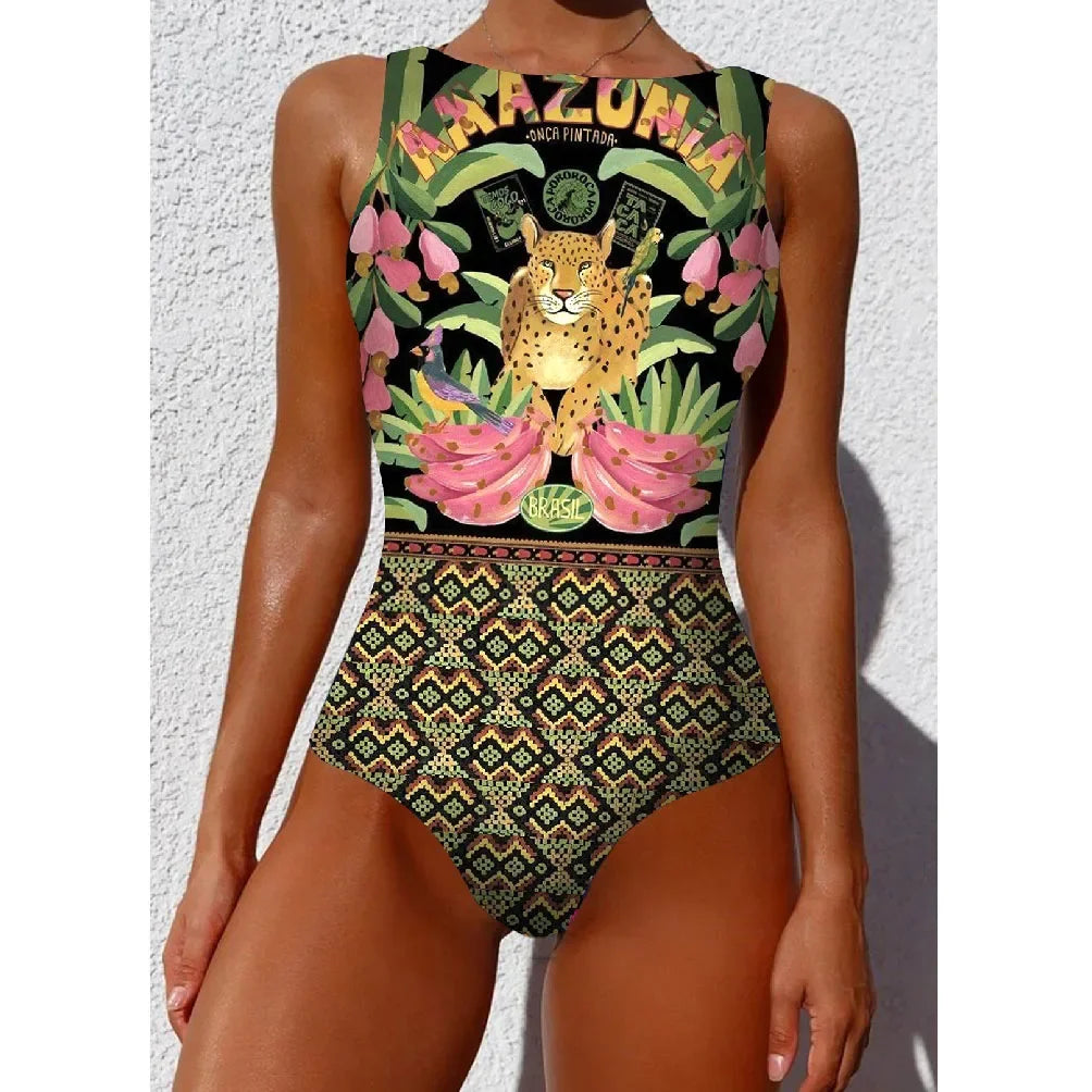 2024 Stylish Floral Print One-Piece Swimsuit for Women - Lace-Up Push-Up Beachwear