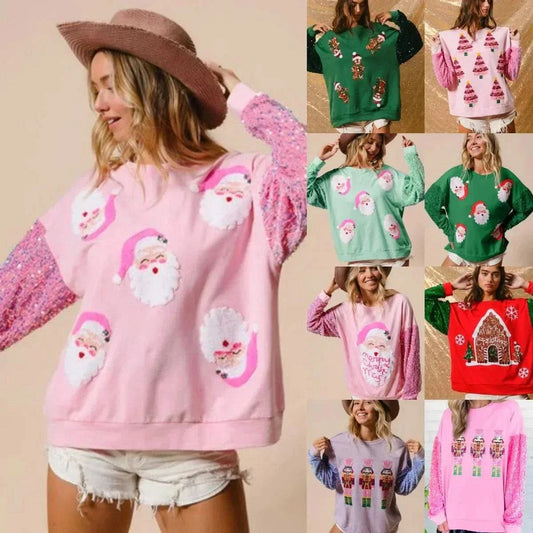 2025 Santa Claus Christmas Tree Soldier Pattern Sequin Pullover, Long Sleeve Sweatshirt, Casual Festive Top