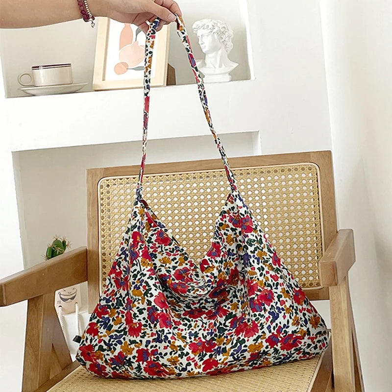 Vintage Women Canvas Bag Large Capacity Tote Bags Women Shoulder Handbag 2024 Fashion Floral Printed Ladies Handbags