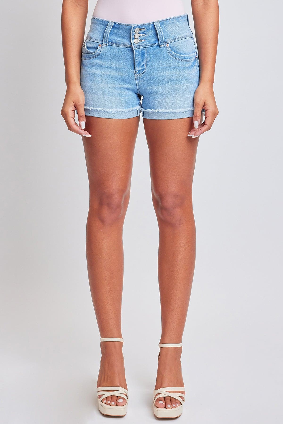 Women's WannaBettaButt 3 Button Cuffed Denim Shorts YMI JEANS