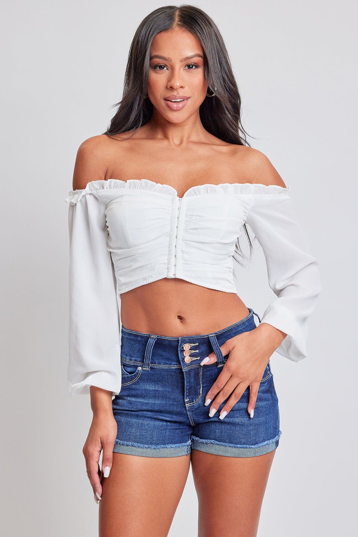 Women's WannaBettaButt 3 Button Cuffed Denim Shorts YMI JEANS