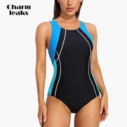 Charmleaks Women's High Elastic Racerback One-Piece Swimsuit with Geometric Patchwork Design