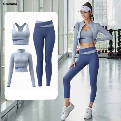 Women Yoga Patchwork 3 Piece Set Fitness Gym Coats+Bra+Leggings Workout Running Sportswear Clothing Tracksuit Ensemble Femme