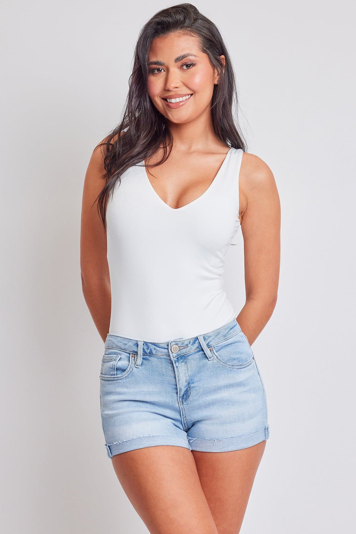 Women's Luxe Mid Rise Raw Edge Cuff Denim Short YMI JEANS