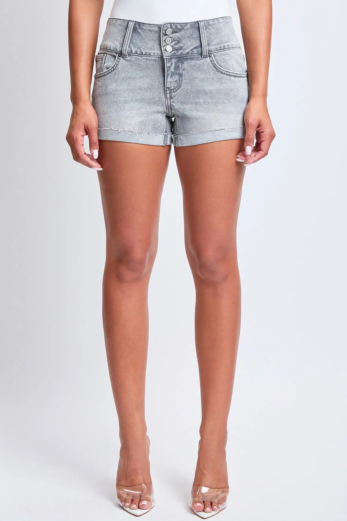 Women's Mid Rise 3 Button Raw Cuffed Hem Shorts YMI JEANS