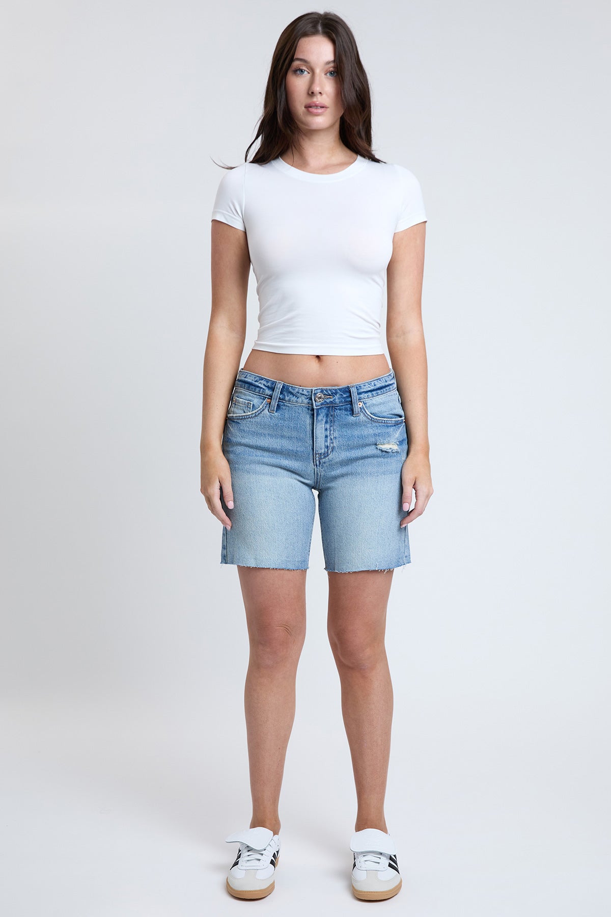 Women's Luxe Mid Rise Long Short with Raw Hem YMI JEANS